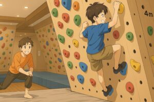 ストレッチする男性と壁を登る初心者が描かれたボルダリングジム