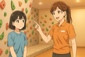 不安そうな初心者にジムスタッフが説明しているボルダリングジムの様子
