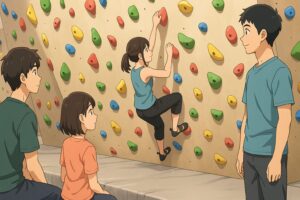 ボルダリングする女性と観察する仲間たちが描かれたアニメ風ジム風景