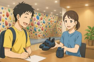ボルダリングジムの受付でギアを受け取る初心者とスタッフのイラスト