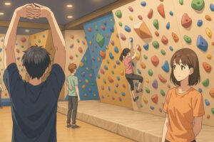 複数のクライマーがいる明るく清潔なボルダリングジムの全体シーン