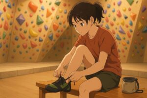 ジムのベンチでシューズを履く女性クライマーのアニメ風イラスト