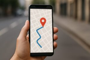 スマートフォンの画面に表示されたGPS地図アプリのナビ画面。赤いピンで目的地が示され、背景にはぼかしの効いた街路が映る。
