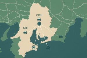 中部地方の地図をベースに、三重・岐阜・静岡から名古屋方面へ車で向かうルートを点線と車のアイコンで表現したイラスト。中心には名古屋を示す大きな円があり、道路網も淡く描かれている。