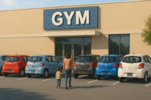 ボルダリングジムの正面に設けられた専用駐車場に車が整然と並び、親子が入口に向かって歩いている様子。快晴のもと、清潔感ある外観と駐車のしやすさが伝わるシーン。