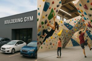ボルダリングジムの外観と屋内の登攀エリアを合成したイメージ。屋外には車が整然と並び、屋内では男女が色とりどりのホールドでクライミング中。