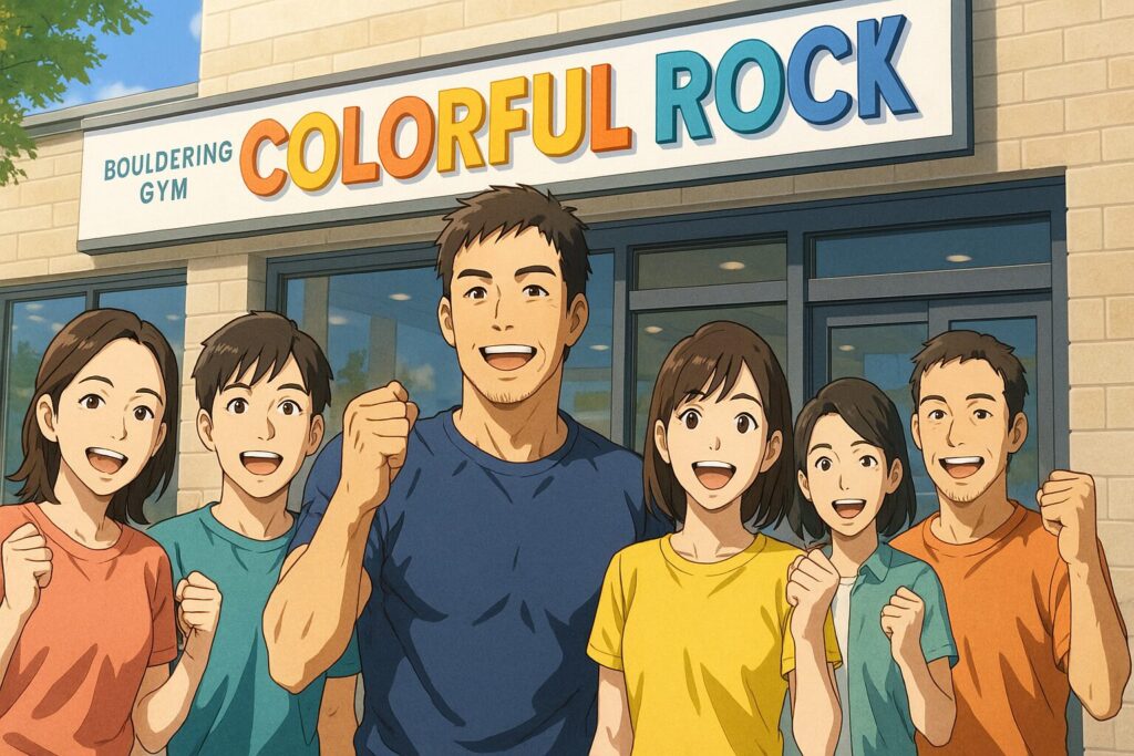 名古屋のボルダリングジム「カラフルロック」の前でポーズをとる男女グループ