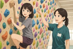 カラフルなホールドのあるボルダリング壁で、インストラクターに教わりながら登る初心者の女の子。楽しそうな表情で初めての挑戦。
