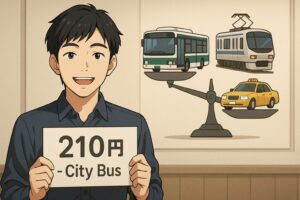 210円の市バスを紹介する男性。背景には市バス・電車・タクシーの料金比較を示す天秤のイラスト。