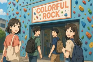 カラフルロックの入口に向かう若い男女グループ。楽しそうに振り返る姿が描かれたボルダリングジムの明るい外観。