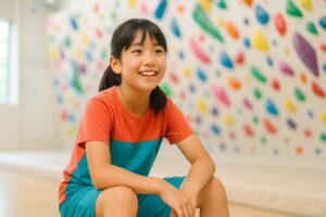 明るく清潔な室内ボルダリングジムで笑顔を見せる10〜13歳の日本人少女。カラフルなクライミングホールドを背景に、赤いTシャツと青いショーツを着て座っている。登る前のわくわく感と自信に満ちた表情が印象的。