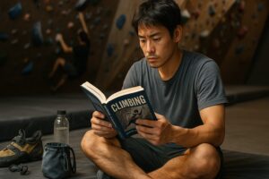 	中級者の日本人男性がジムの壁を見上げながらクライミング技術書を読み込み、真剣に戦略を考えている様子