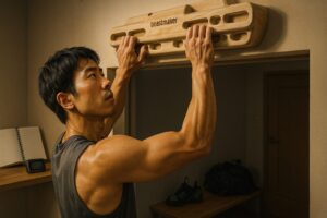 	ハングボードで指の保持力トレーニングをする日本人男性クライマーが、集中して練習しているジム内のシーン