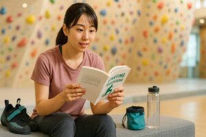 ボルダリング初心者の日本人女性が、明るいジム内で入門書を読みながらワクワクした表情を見せている様子