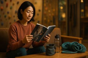 クライミングジムのラウンジで、日本人の大人の男女が静かに雑誌を読んでクライミング情報を楽しんでいる様子