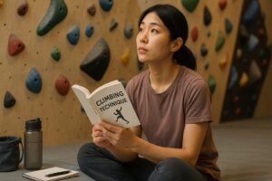 日本人クライマーがクライミングの動作原理を理解しようと、壁を見つめながら理論書の内容を思い出している様子