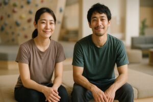 登り終えた20〜30代の日本人の男女が、クライミングジムの休憩エリアで微笑みながら満足感に包まれているシーン