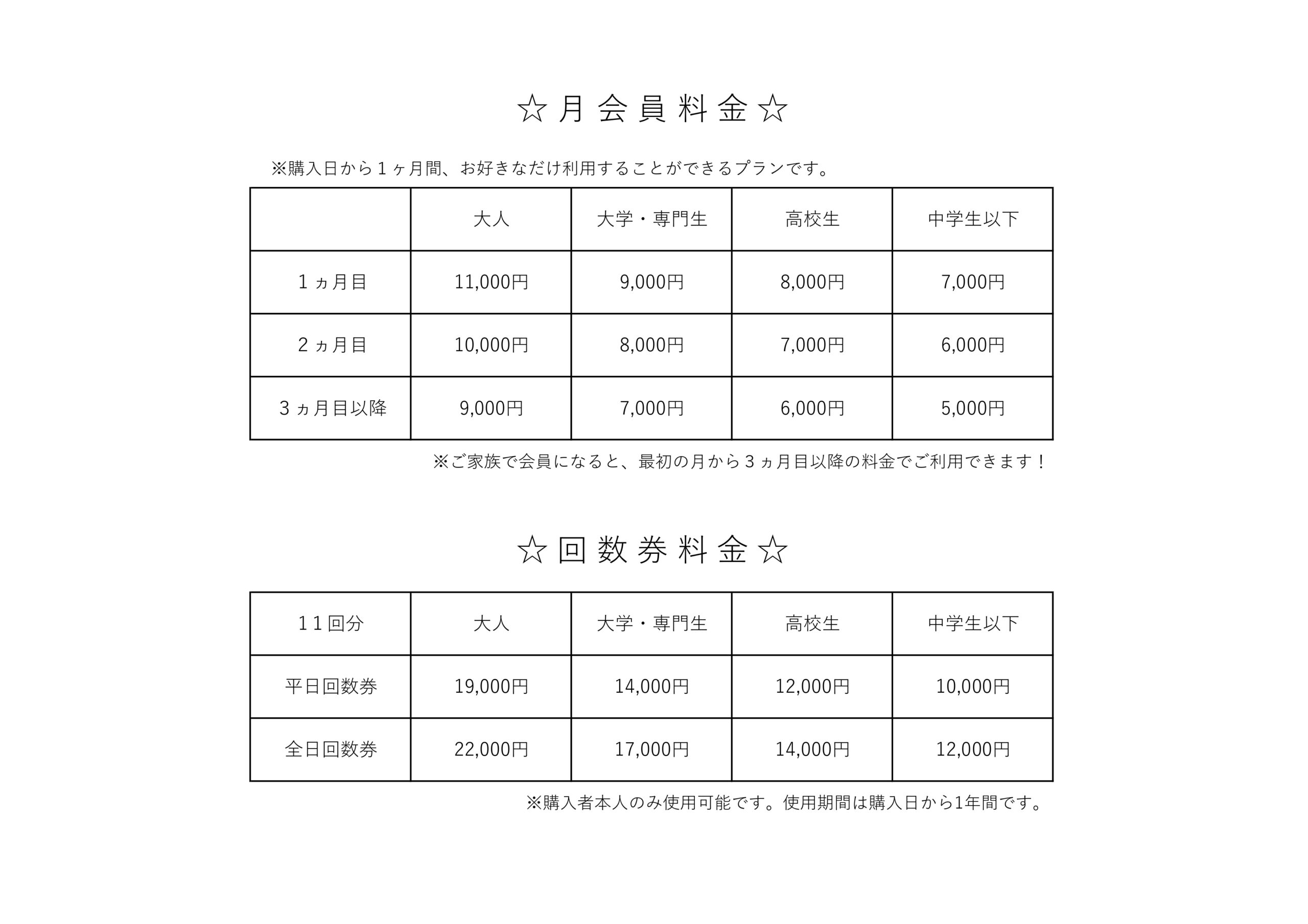料金表・月会員・回数券