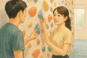 明るく清潔な室内クライミングジムで、20代後半の日本人女性がスタッフに見守られながらボルダリングに挑戦している様子を描いた柔らかい水彩風イラスト。初心者の安心感と和やかな雰囲気を表現。