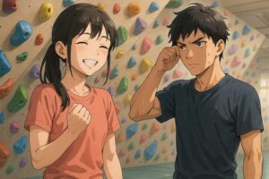 ボルダリング課題について会話する男女クライマーのセッション風景