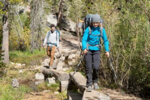 フリースのミドルレイヤーを着て登山道を歩く人の後ろ姿