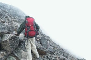 ソフトシェル素材のウェアで山道を歩くイメージ