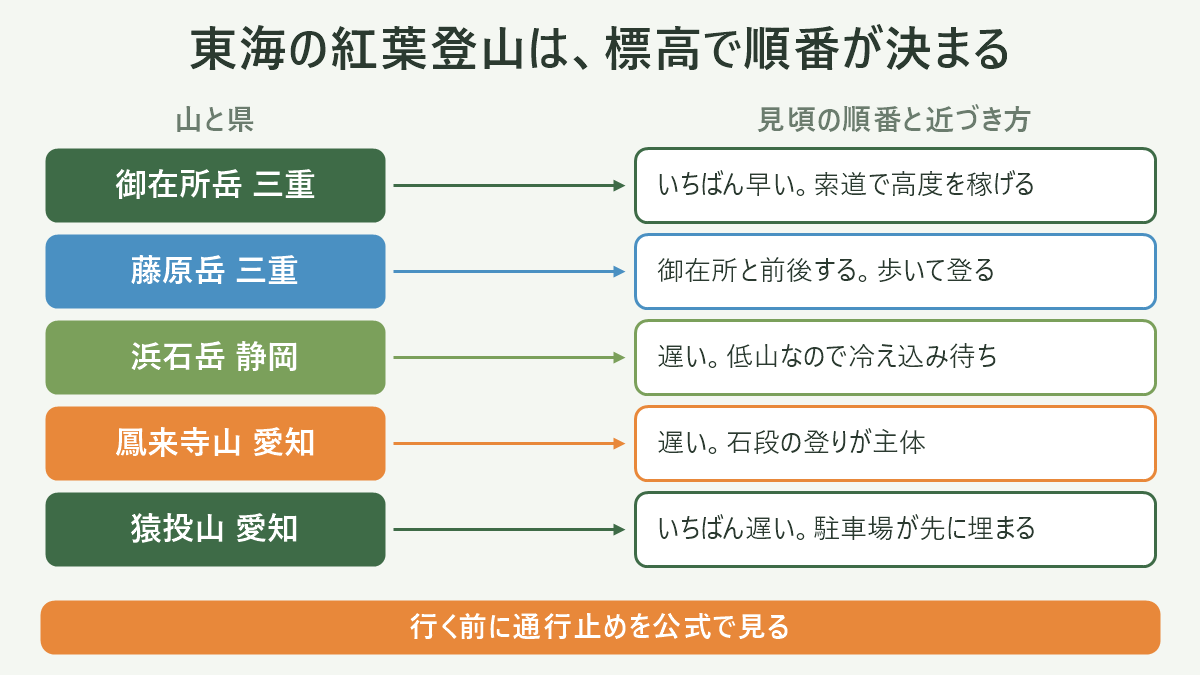 東海の6座を、見頃の順番と近づき方で並べた対応表