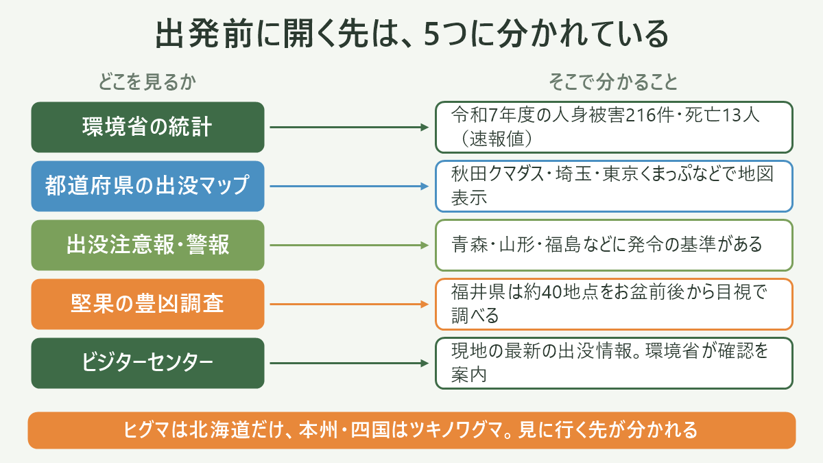 出発前のクマ出没情報の確認フロー。「①都道府県公式ページ(面の情報・最終更新日を見る)」→「②登山口・ビジターセンター(点の情報・当日を聞く)」→「③通行止め・入山自粛(道路管理者・市町村・山小屋)」の3段階を左から右へ並べ、①の下に「民間の集約アプリはここの下書きとして使う/最終判断は公式」、②の下に「聞くこと3つ:直近の目撃、時間帯、場所」、③の下に「出没マップとは別ページ」と注記を添えた図解
