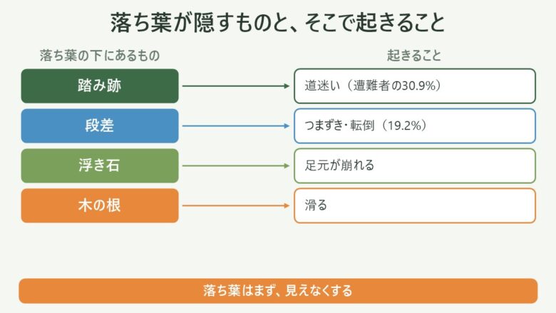 登山道の落ち葉が隠すものと起きること。踏み跡は道迷い、段差は転倒、浮き石は足元の崩れ、木の根は滑りにつながる