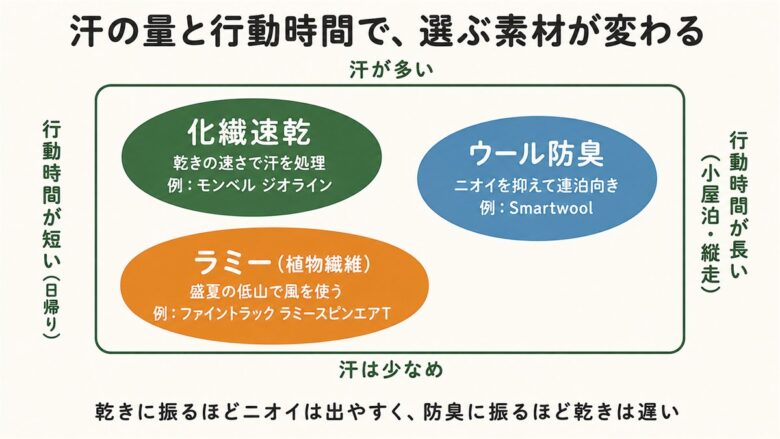 化繊速乾・ウール防臭・ラミーを汗の量と行動時間で使い分ける図