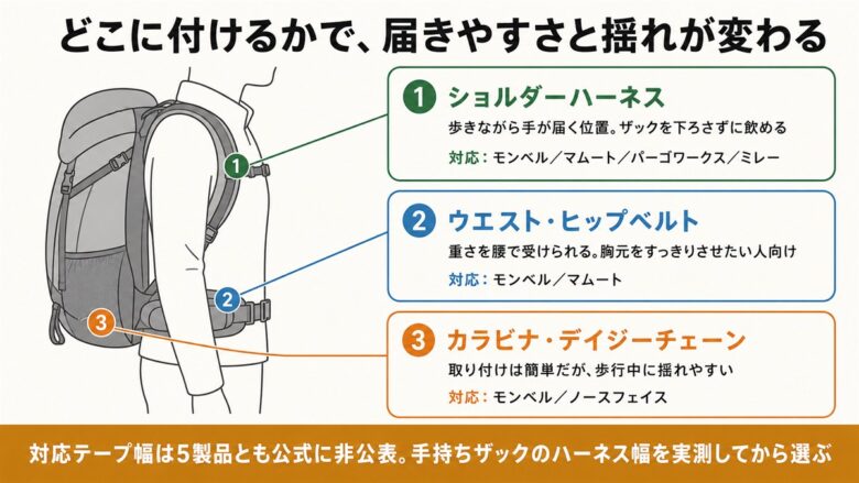 ボトルホルダーの装着位置3パターン（ショルダー・ウエスト・カラビナ）を示した図