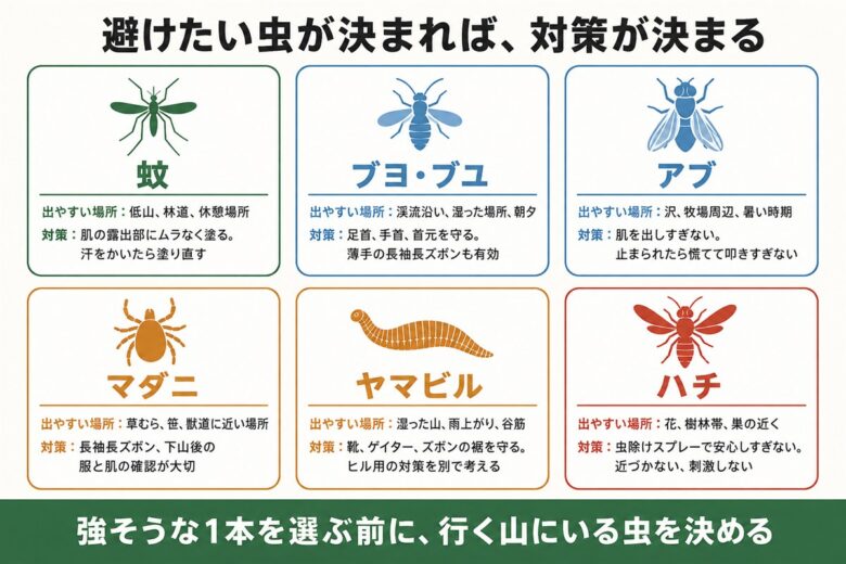 蚊・ブヨ・アブ・マダニ・ヤマビル・ハチの出やすい場所と対策をまとめた図