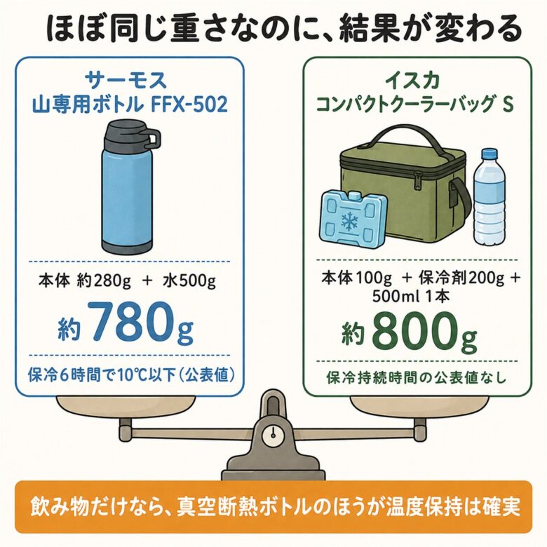 サーモス山専用ボトル約780gとイスカ保冷バッグ構成約800gを天秤で比べた図