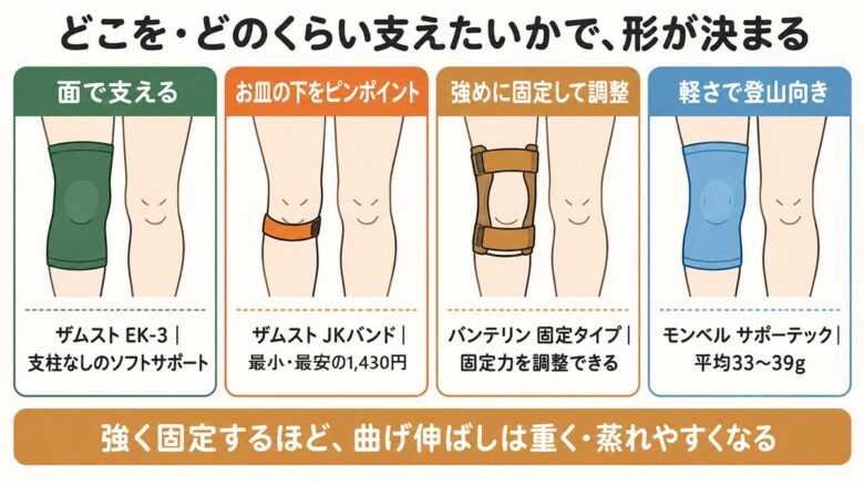 膝サポーターの構造4タイプ（面で支える・お皿の下・固定調整・軽量）を比べた図