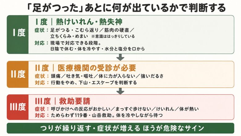 熱中症の重症度I度・II度・III度と山での対応を示した図
