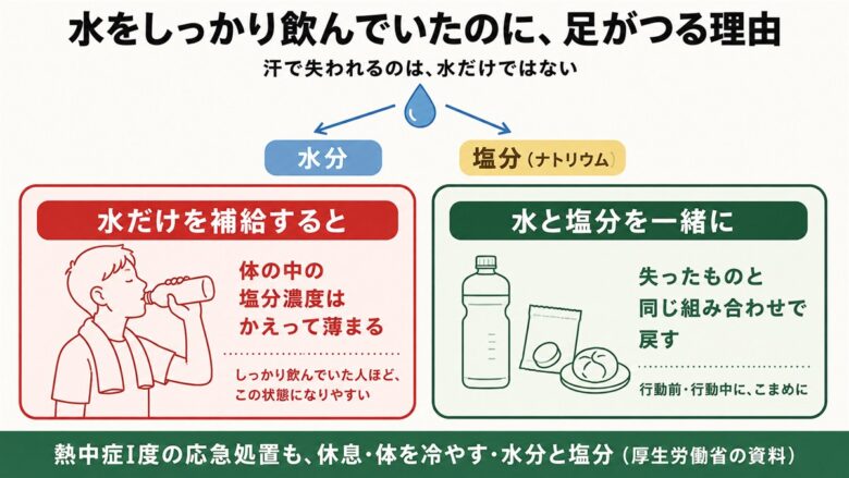 水だけの補給と水と塩分を一緒に摂る場合の違いを比べた図