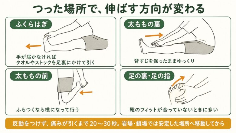 ふくらはぎ・太ももの裏・太ももの前・足の裏それぞれの伸ばし方を示した図