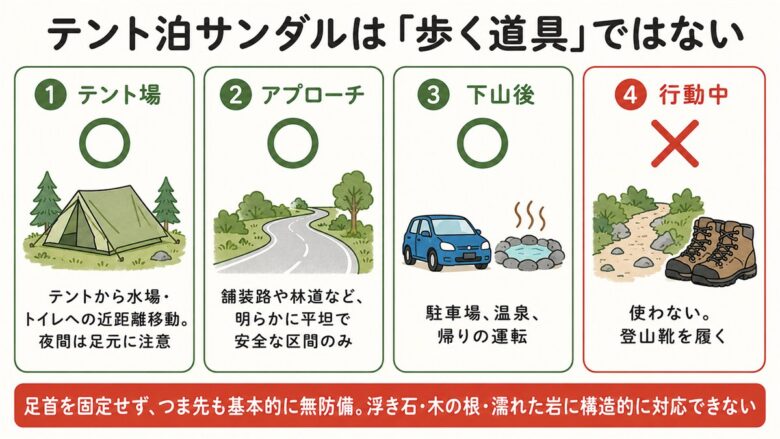 テント場・アプローチ・下山後は可、行動中は不可を示したサンダルの用途図