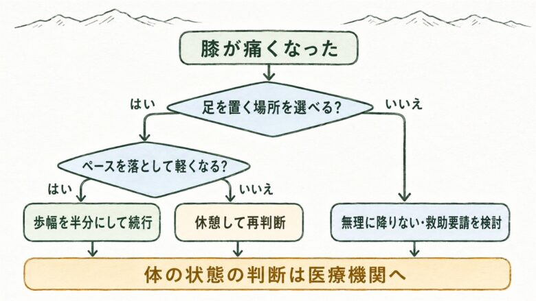 登山で膝が痛いとき下山を続けてよいかの行動判断フロー図。足を置く場所を選べるか、ペースを落として軽くなるかで分岐し、いずれの場合も体の状態の判断は医療機関へ委ねる