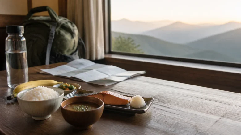 登山前日の食事と翌朝の登山装備を準備した食卓