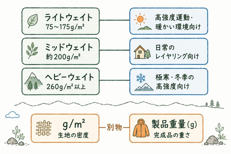 メリノウールの登山インナーの厚みクラスと用途の対応図解。ライトウェイト75〜175g/m²、ミッドウェイト約200g/m²、ヘビーウェイト260g/m²以上の3クラスと、生地の密度を表すg/m²と製品重量の違い