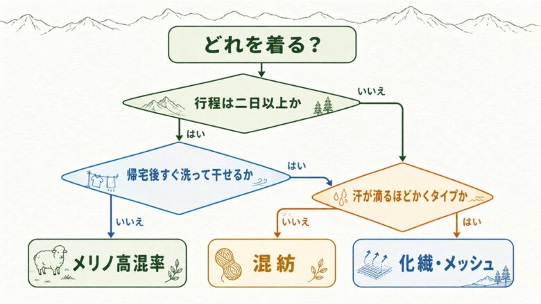メリノウール・混紡・化繊の使い分け判定フロー図。行程は2日以上か、帰宅後すぐ洗って干せるか、汗が滴るほどかくタイプかの3問で選ぶベースレイヤーが分かれる
