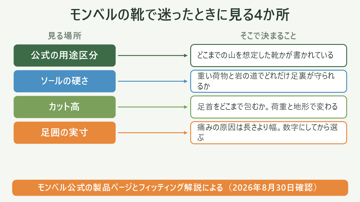 モンベルの靴で迷ったときに見る4か所。左に見る場所、右にそこで決まることを並べた対応表の図解。公式の用途区分=どこまでの山を想定した靴かが書かれている/ソールの硬さ=重い荷物と岩の道でどれだけ足裏が守られるか/カット高=足首をどこまで包むか。荷重と地形で変わる/足囲の実寸=痛みの原因は長さより幅。数字にしてから選ぶ。図の下部に「モンベル公式の製品ページとフィッティング解説による(2026年8月30日確認)」と注記。