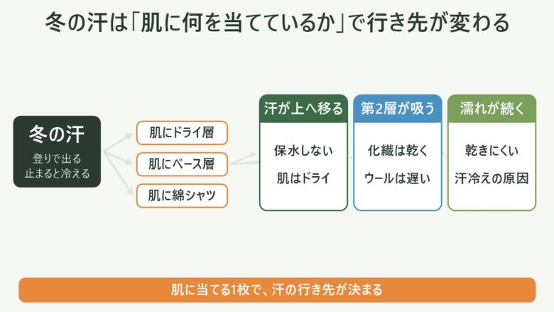 冬の登山のベースレイヤーの図解。冬の汗は「肌に何を当てているか」で行き先が変わる。肌にドライ層なら汗が上へ移る(保水しない・肌はドライ)、肌にベース層なら第2層が吸う(化繊は乾く・ウールは遅い)、肌に綿シャツなら濡れが続く(乾きにくい・汗冷えの原因)。肌に当てる1枚で、汗の行き先が決まる