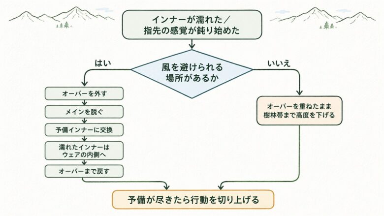 冬の登山でグローブが濡れたときの交換手順のフロー図。風を避けられる場所があるかで分岐し、予備が尽きたら行動を切り上げるまでの流れ