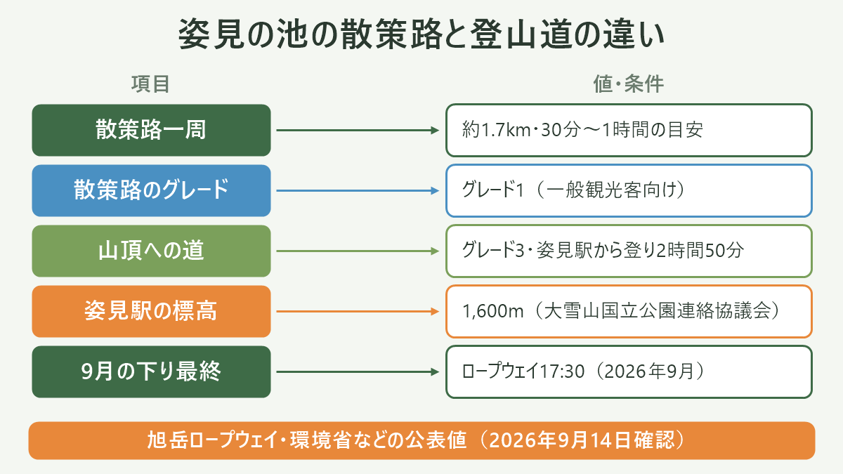 姿見の池の散策路と登山道の違い。左に項目、右に値・条件を並べた対応表の図解。散策路一周=約1.7km・30分〜1時間の目安/散策路のグレード=グレード1(一般観光客向け)/山頂への道=グレード3・姿見駅から登り2時間50分/姿見駅の標高=1,600m(大雪山国立公園連絡協議会)/9月の下り最終=ロープウェイ17:30(2026年9月)。図の下部に「旭岳ロープウェイ・環境省などの公表値(2026年9月14日確認)」と注記。