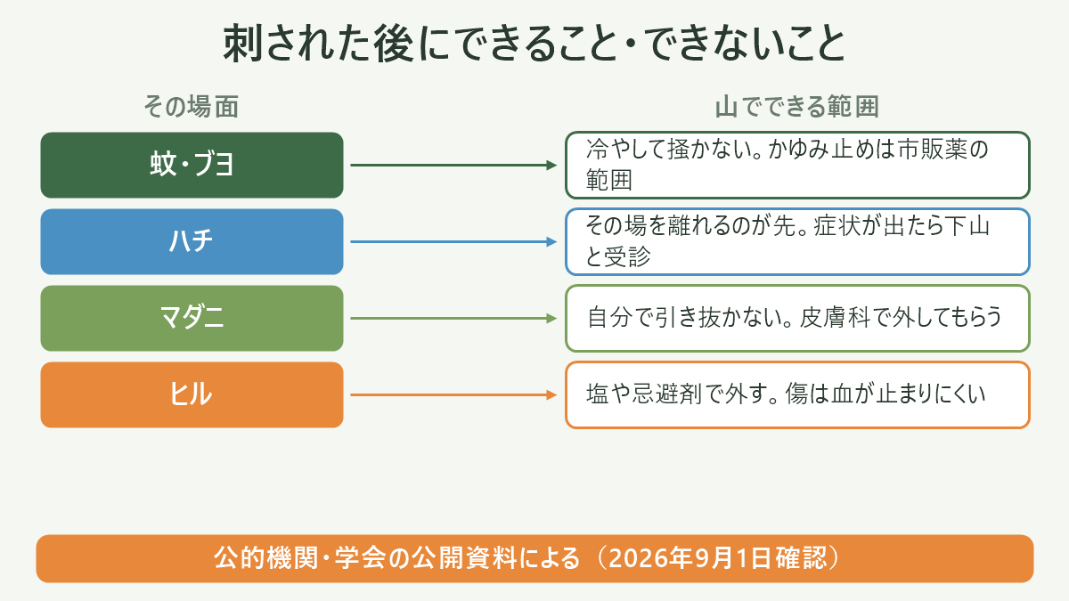 刺された後にできること・できないこと。左にその場面、右に山でできる範囲を並べた対応表の図解。蚊・ブヨ=冷やして掻かない。かゆみ止めは市販薬の範囲/ハチ=その場を離れるのが先。症状が出たら下山と受診/マダニ=自分で引き抜かない。皮膚科で外してもらう/ヒル=塩や忌避剤で外す。傷は血が止まりにくい。図の下部に「公的機関・学会の公開資料による(2026年9月1日確認)」と注記。