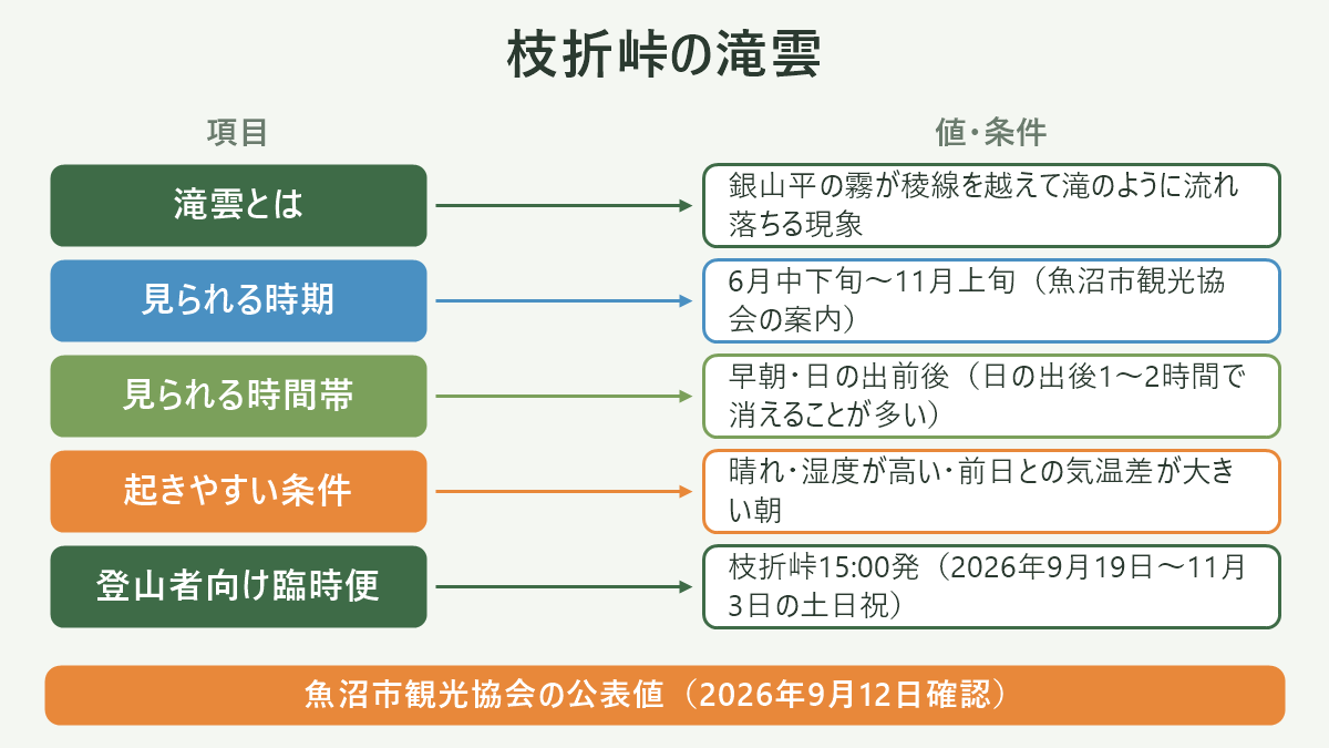 枝折峠の滝雲。左に項目、右に値・条件を並べた対応表の図解。滝雲とは=銀山平の霧が稜線を越えて滝のように流れ落ちる現象/見られる時期=6月中下旬〜11月上旬(魚沼市観光協会の案内)/見られる時間帯=早朝・日の出前後(日の出後1〜2時間で消えることが多い)/起きやすい条件=晴れ・湿度が高い・前日との気温差が大きい朝/登山者向け臨時便=枝折峠15:00発(2026年9月19日〜11月3日の土日祝)。図の下部に「魚沼市観光協会の公表値(2026年9月12日確認)」と注記。