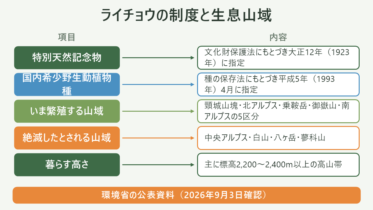 ライチョウの制度と生息山域。左に項目、右に内容を並べた対応表の図解。特別天然記念物=文化財保護法にもとづき大正12年(1923年)に指定/国内希少野生動植物種=種の保存法にもとづき平成5年(1993年)4月に指定/いま繁殖する山域=頸城山塊・北アルプス・乗鞍岳・御嶽山・南アルプスの5区分/絶滅したとされる山域=中央アルプス・白山・八ヶ岳・蓼科山/暮らす高さ=主に標高2,200〜2,400m以上の高山帯。図の下部に「環境省の公表資料(2026年9月3日確認)」と注記。